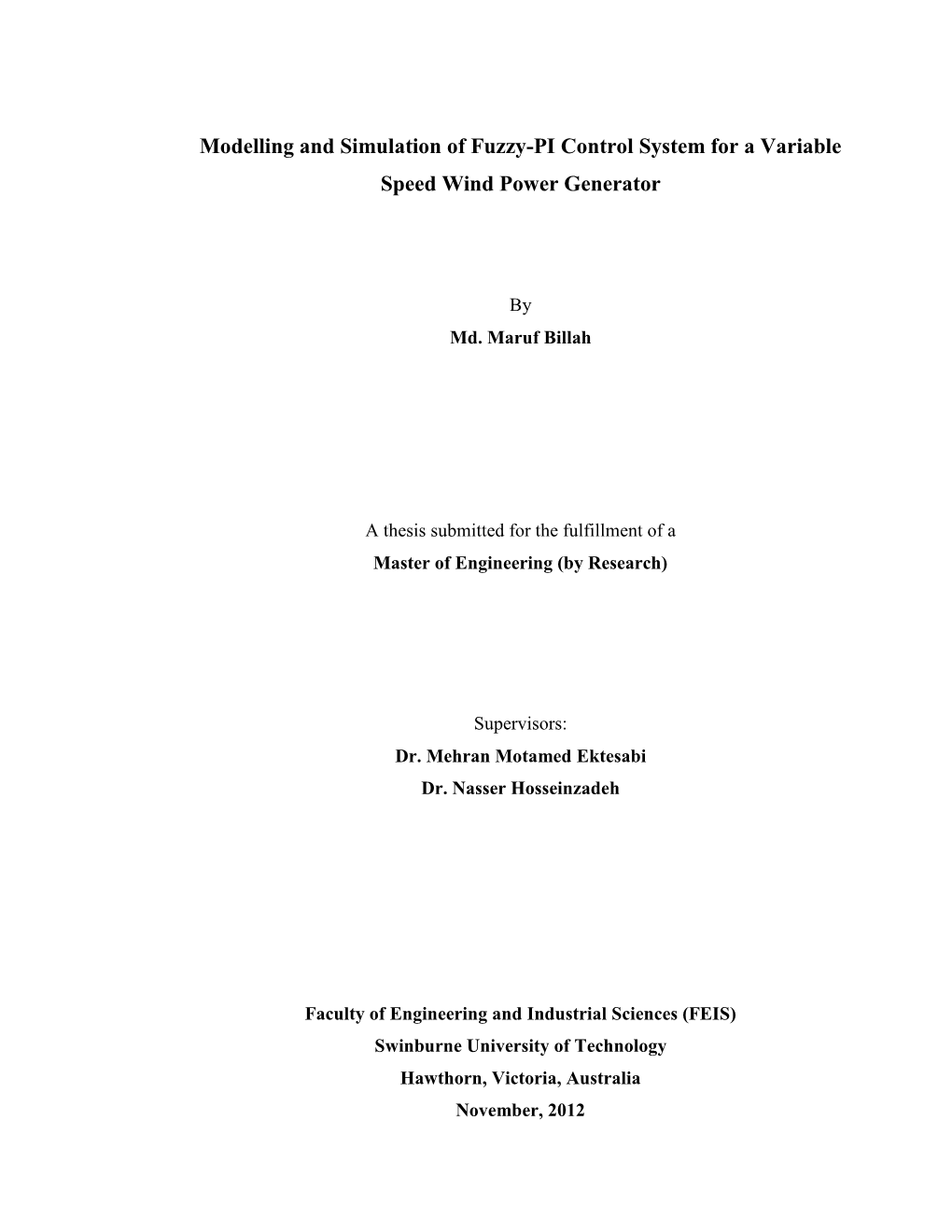 Modelling and Simulation of Fuzzy-PI Control System for a Variable Speed Wind Power Generator