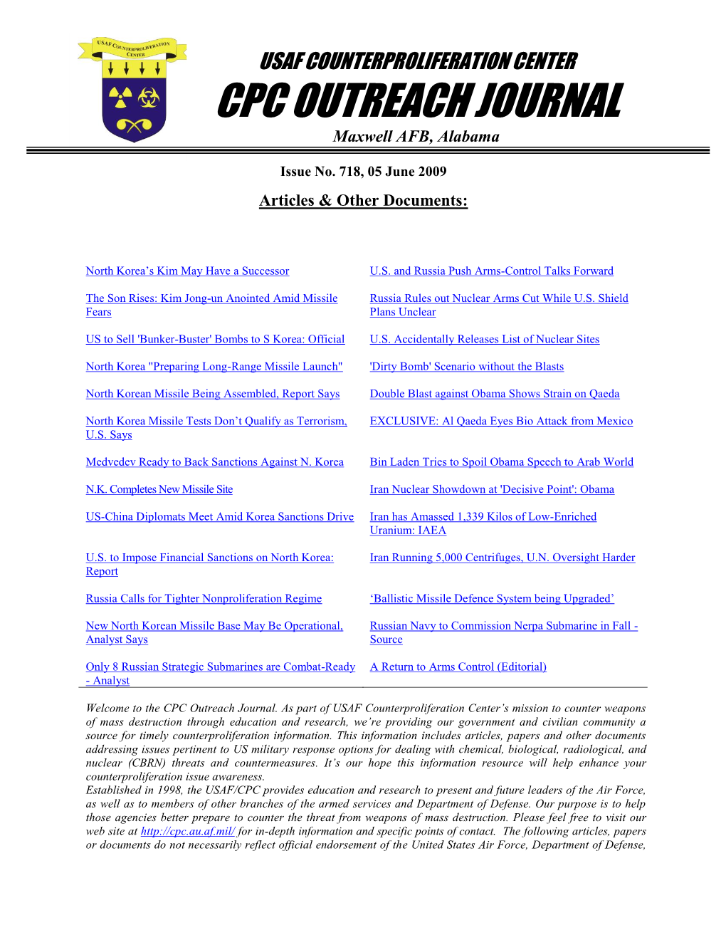 USAF Counterproliferation Center CPC Outreach Journal #718