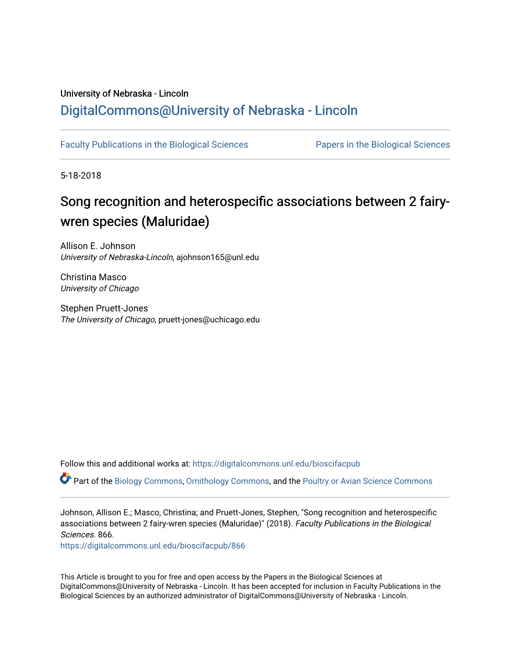 Song Recognition and Heterospecific Associations Between 2 Fairy-Wren Species (Maluridae)" (2018)