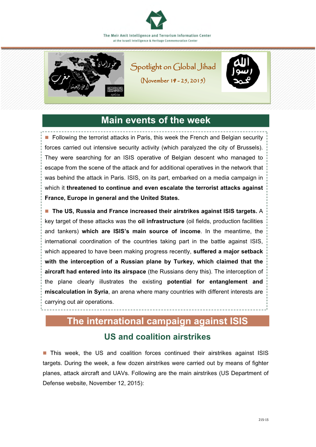 Main Events of the Week the International Campaign Against ISIS