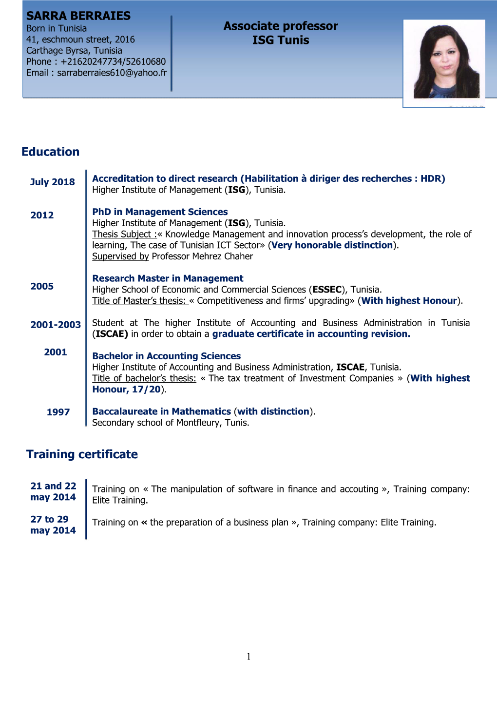 SARRA BERRAIES Training Certificate Associate Professor ISG Tunis