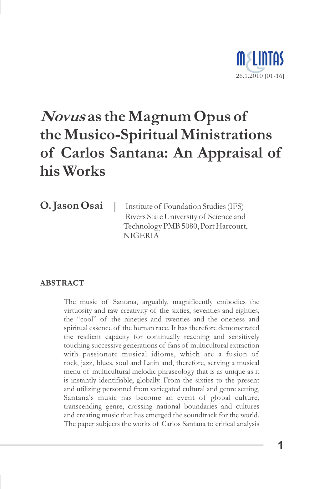 Novus As the Magnum Opus of the Musico-Spiritual Ministrations of Carlos Santana: an Appraisal of His Works