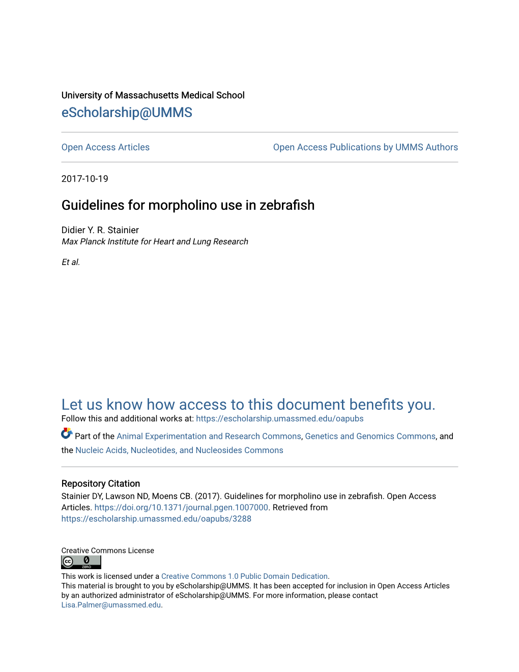Guidelines for Morpholino Use in Zebrafish