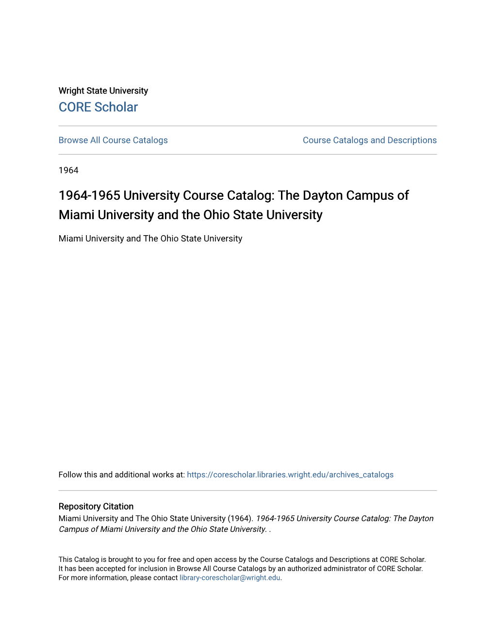 1964-1965 University Course Catalog: the Dayton Campus of Miami University and the Ohio State University