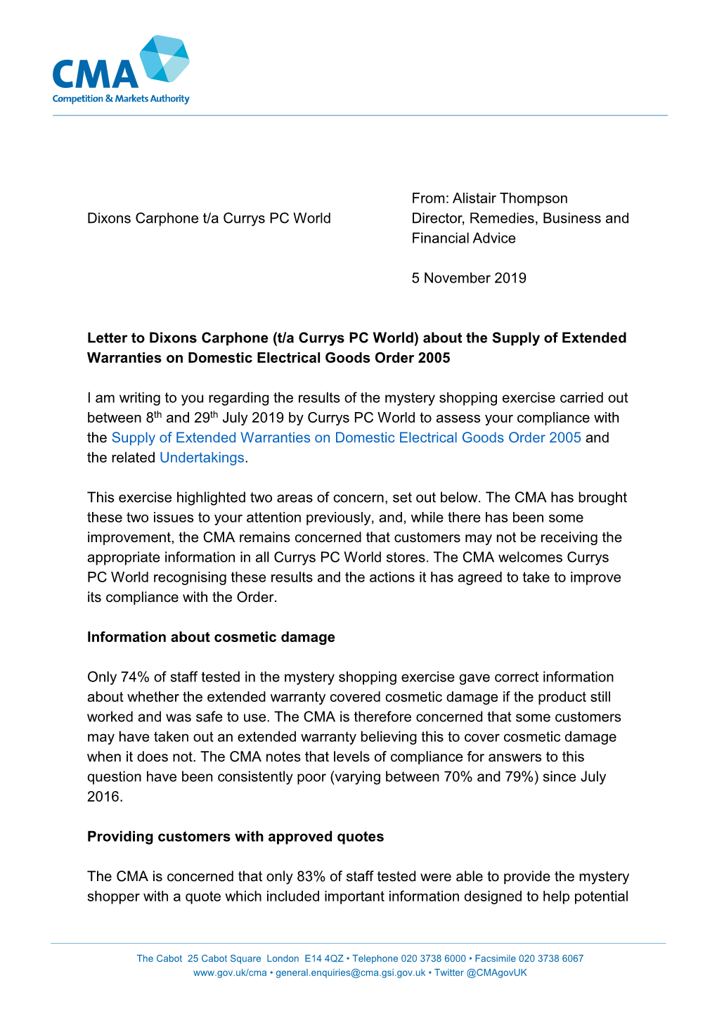 Letter to Dixons Carphone (T/A Currys PC World) About the Supply of Extended Warranties on Domestic Electrical Goods Order 2005
