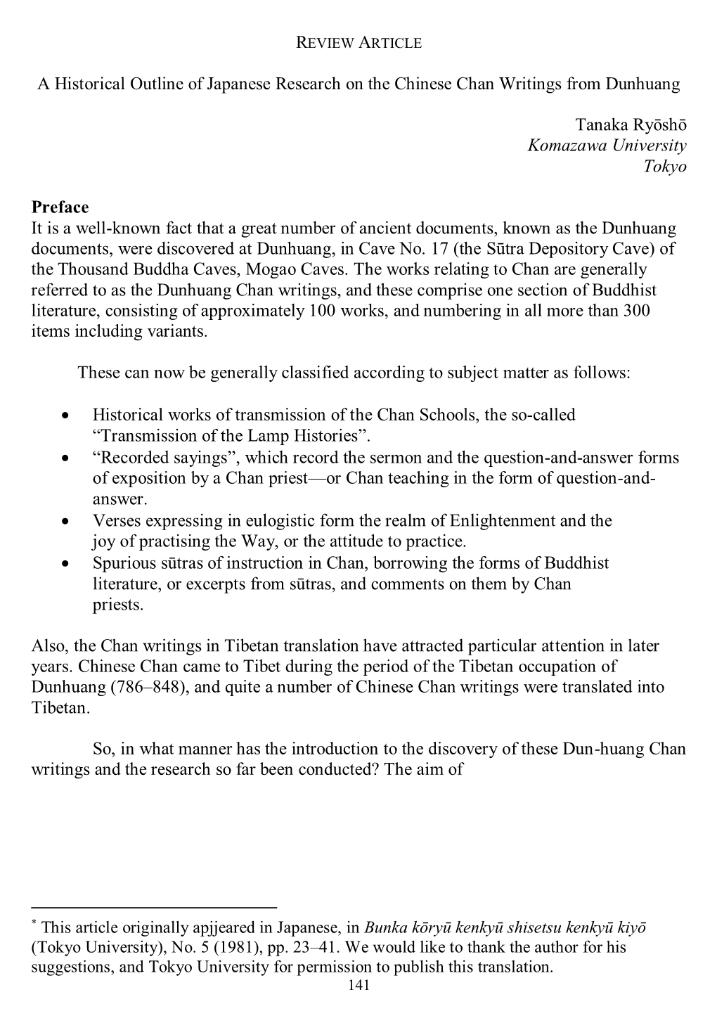 A Historical Outline of Japanese Research on the Chinese Chan Writings from Dunhuang