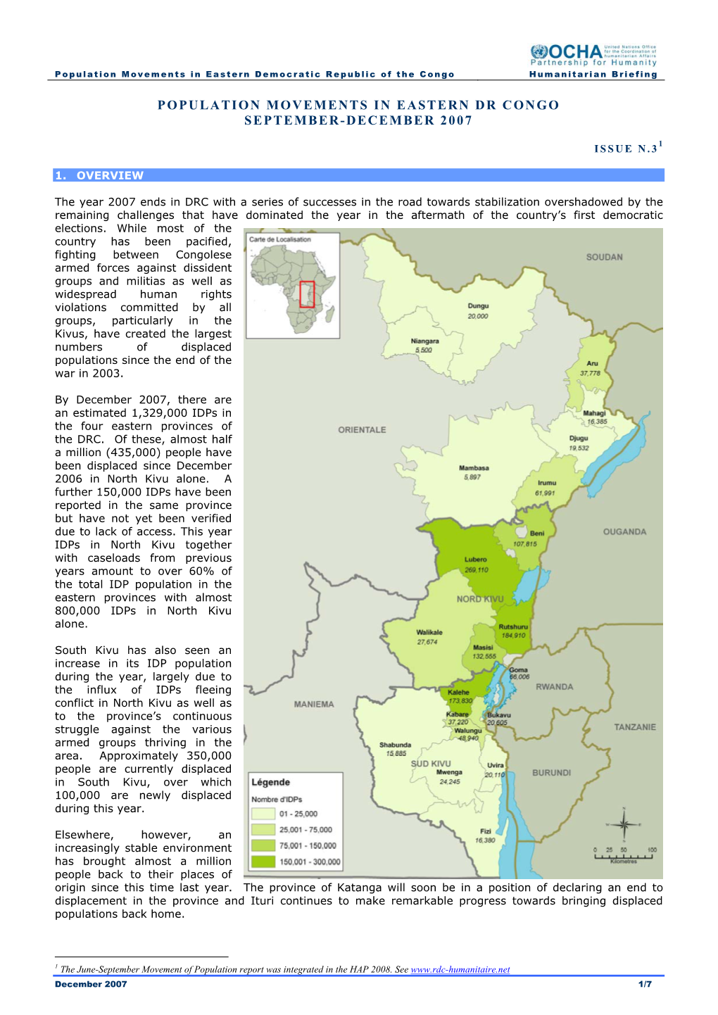 Population Movements in Eastern Dr Congo September-December 2007