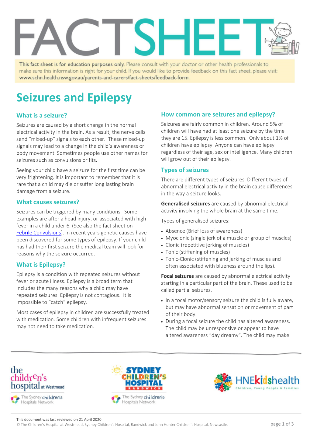 Seizures and Epilepsy Factsheet