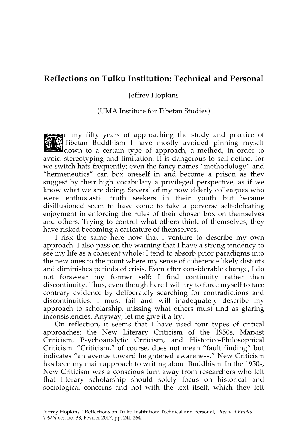 Reflections on Tulku Institution: Technical and Personal