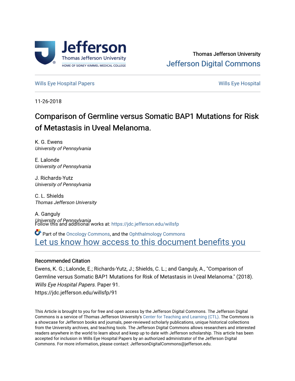 Comparison of Germline Versus Somatic BAP1 Mutations for Risk of Metastasis in Uveal Melanoma