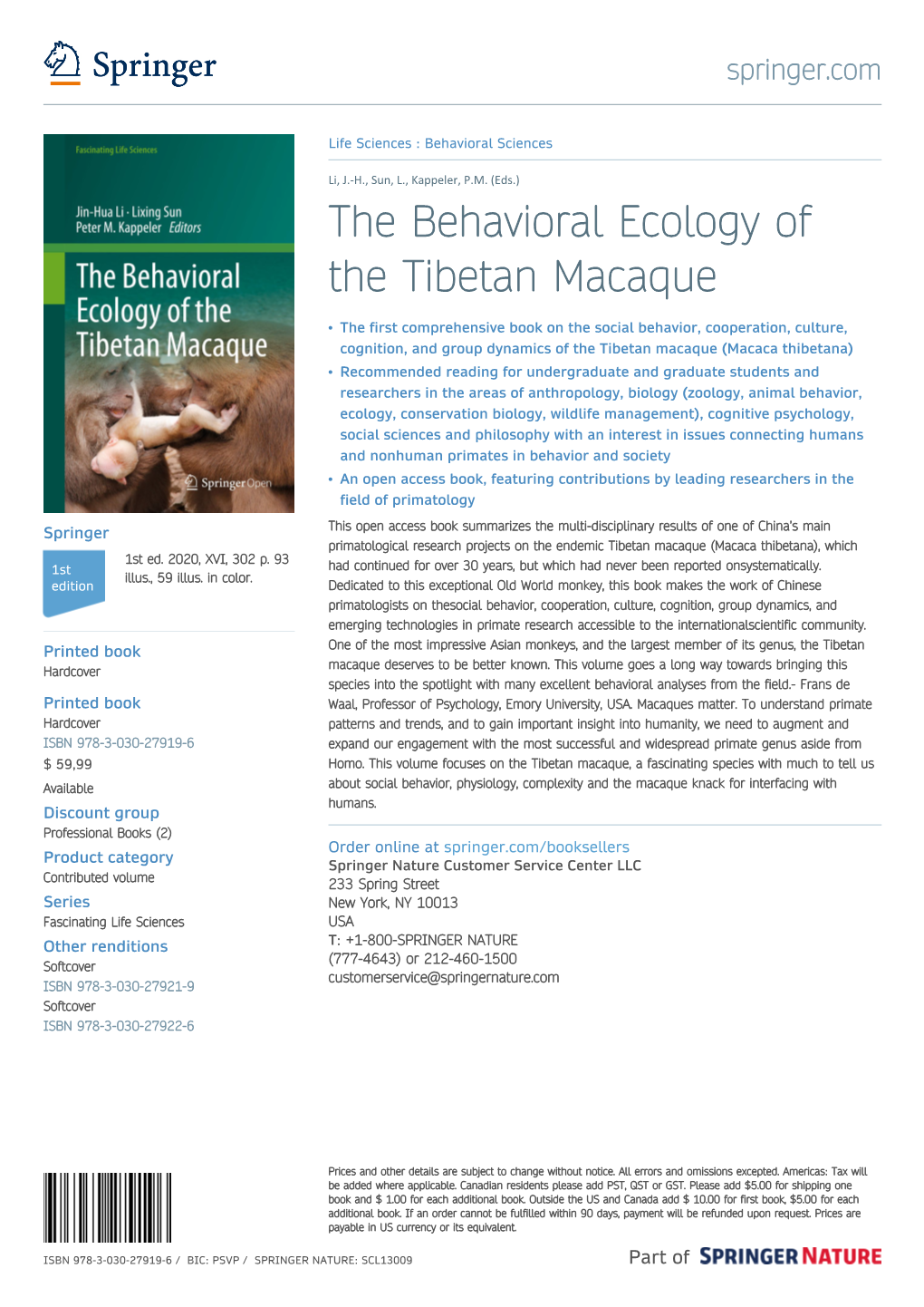 The Behavioral Ecology of the Tibetan Macaque