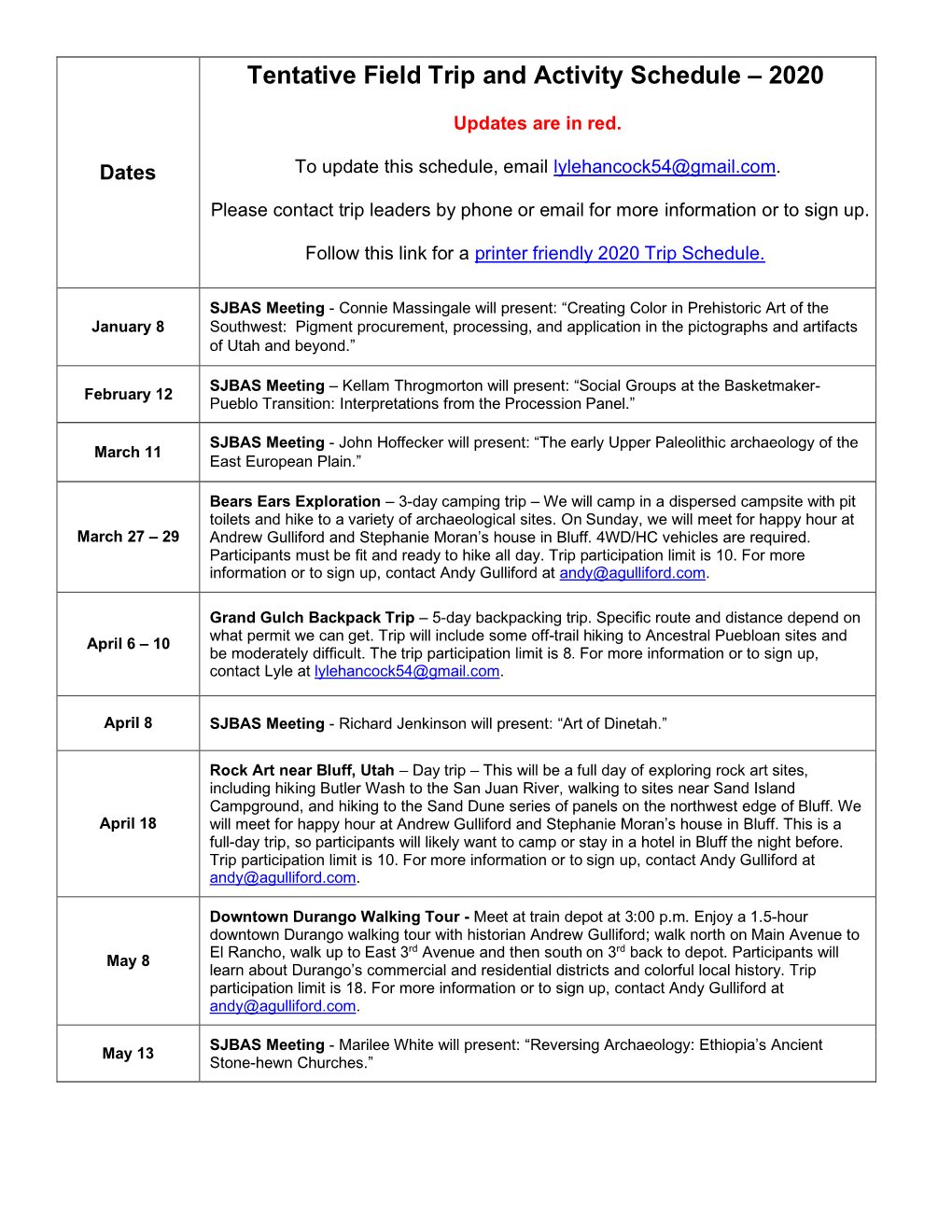 Tentative Field Trip and Activity Schedule – 2020