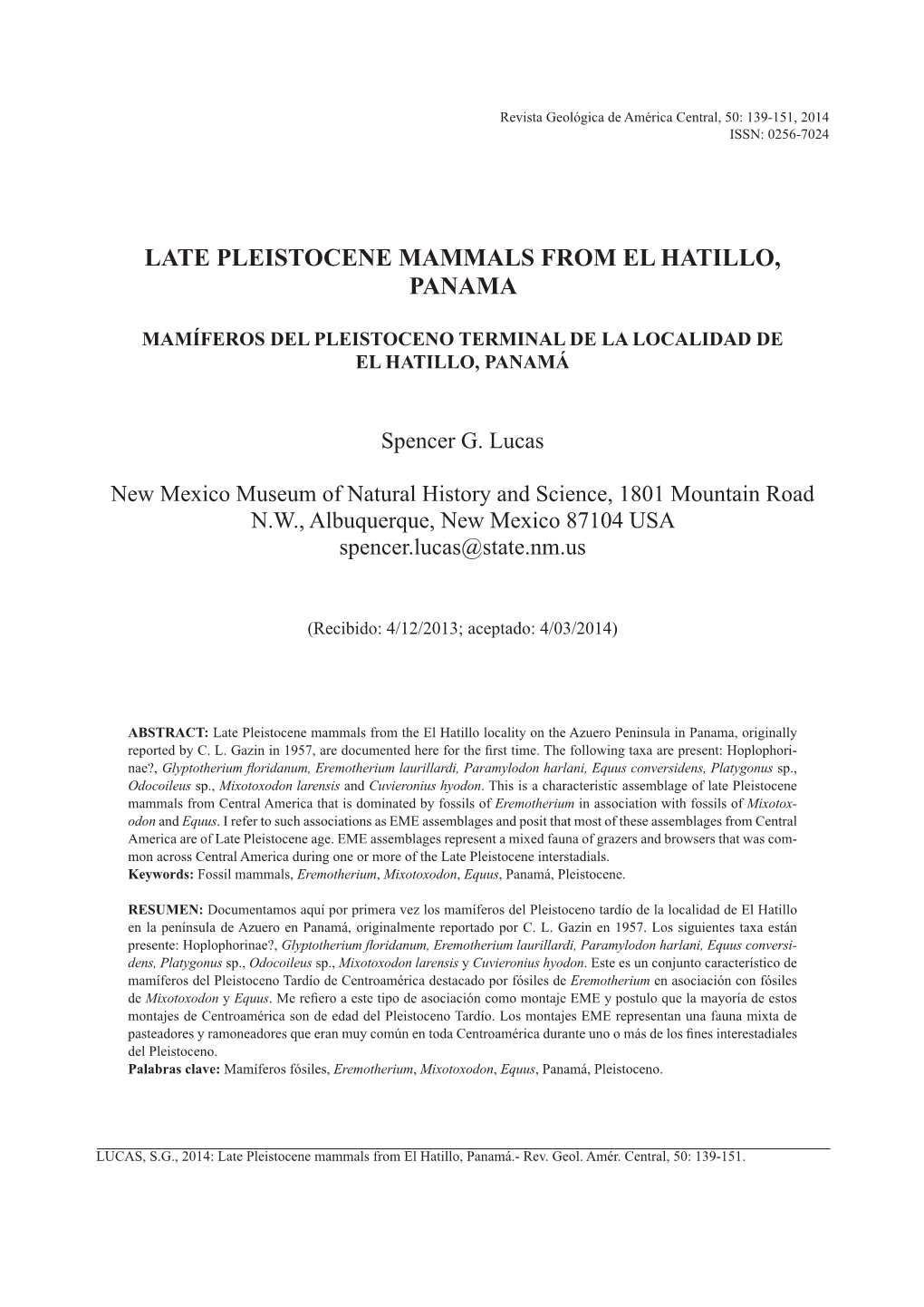 Late Pleistocene Mammals from El Hatillo, Panama