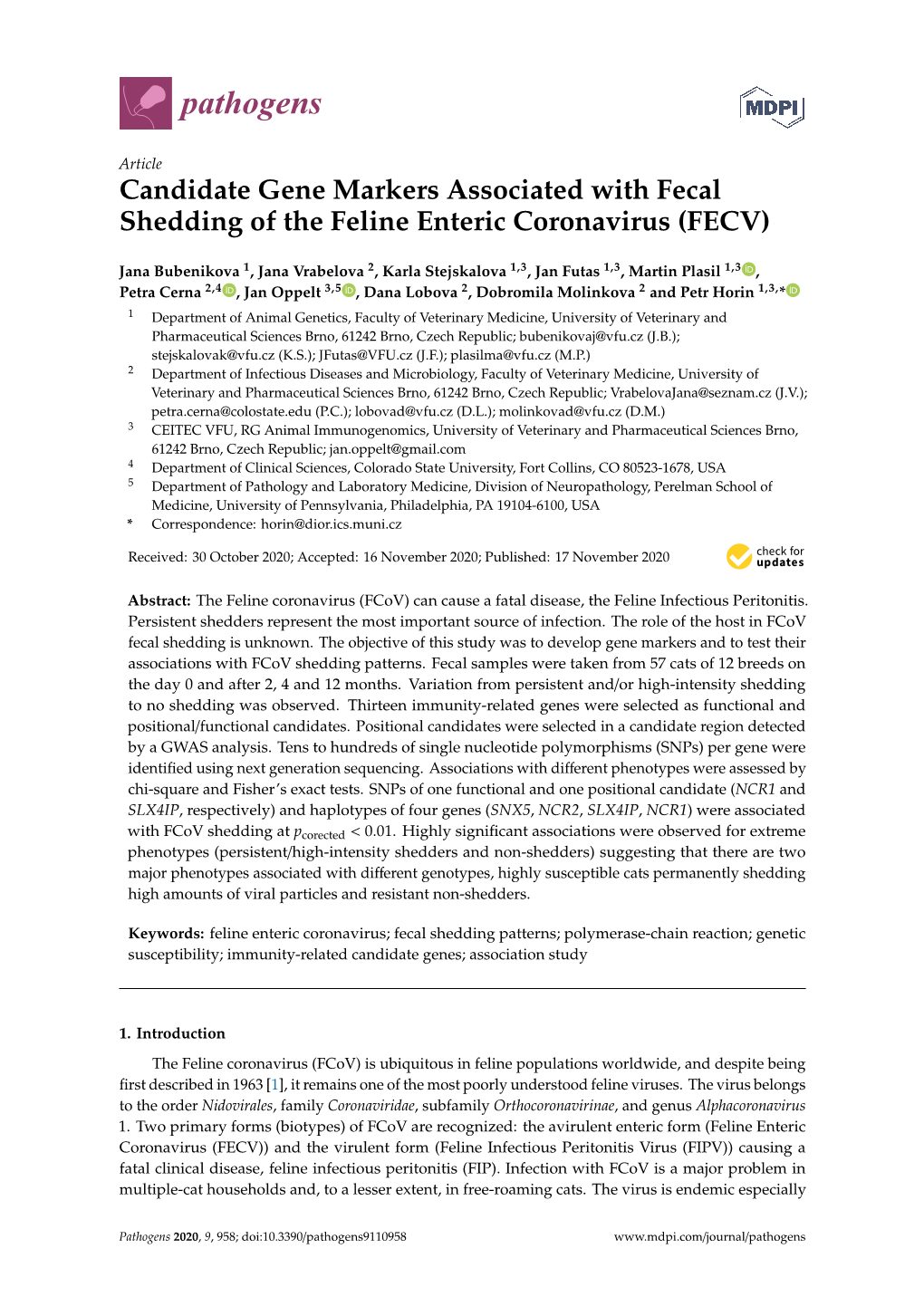 Candidate Gene Markers Associated with Fecal Shedding of the Feline Enteric Coronavirus (FECV)