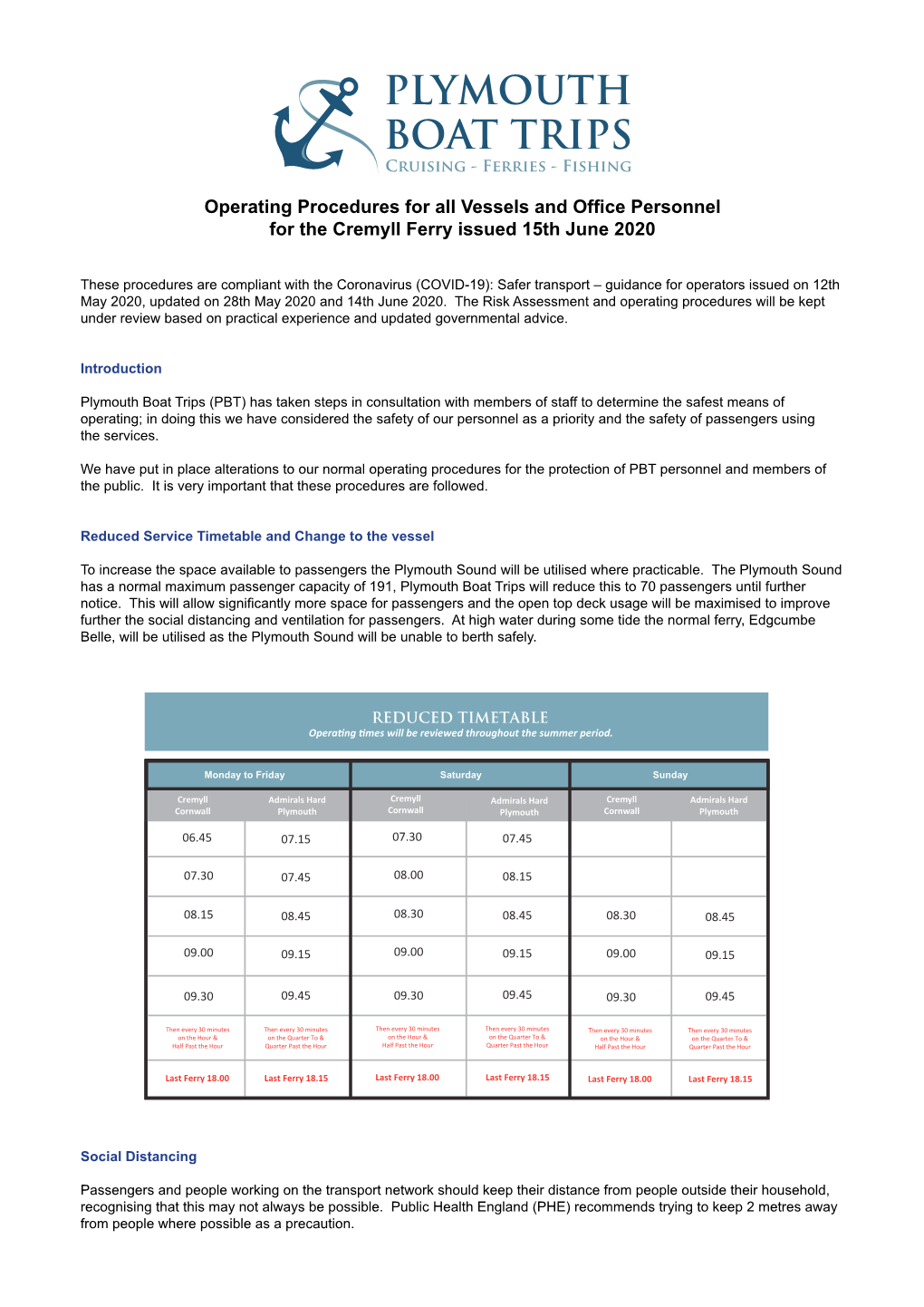 Operating Procedures for All Vessels and Office Personnel for the Cremyll Ferry Issued 15Th June 2020