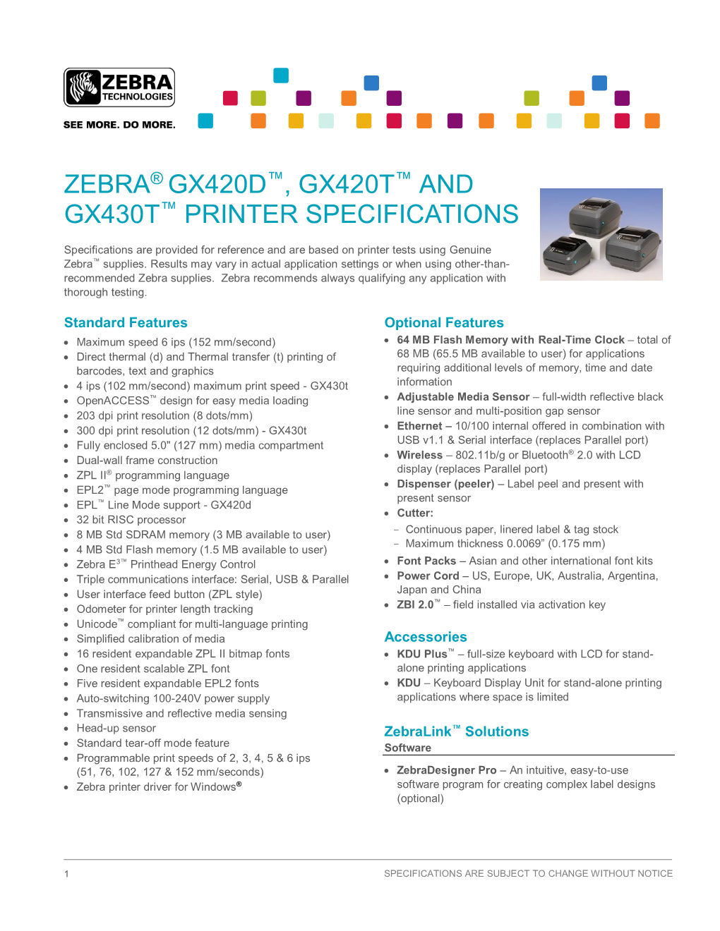 ZEBRA® GX420D™, GX420T™ and GX430T™ PRINTER SPECIFICATIONS Specifications Are Provided for Reference and Are Based on Printer Tests Using Genuine Zebra™ Supplies