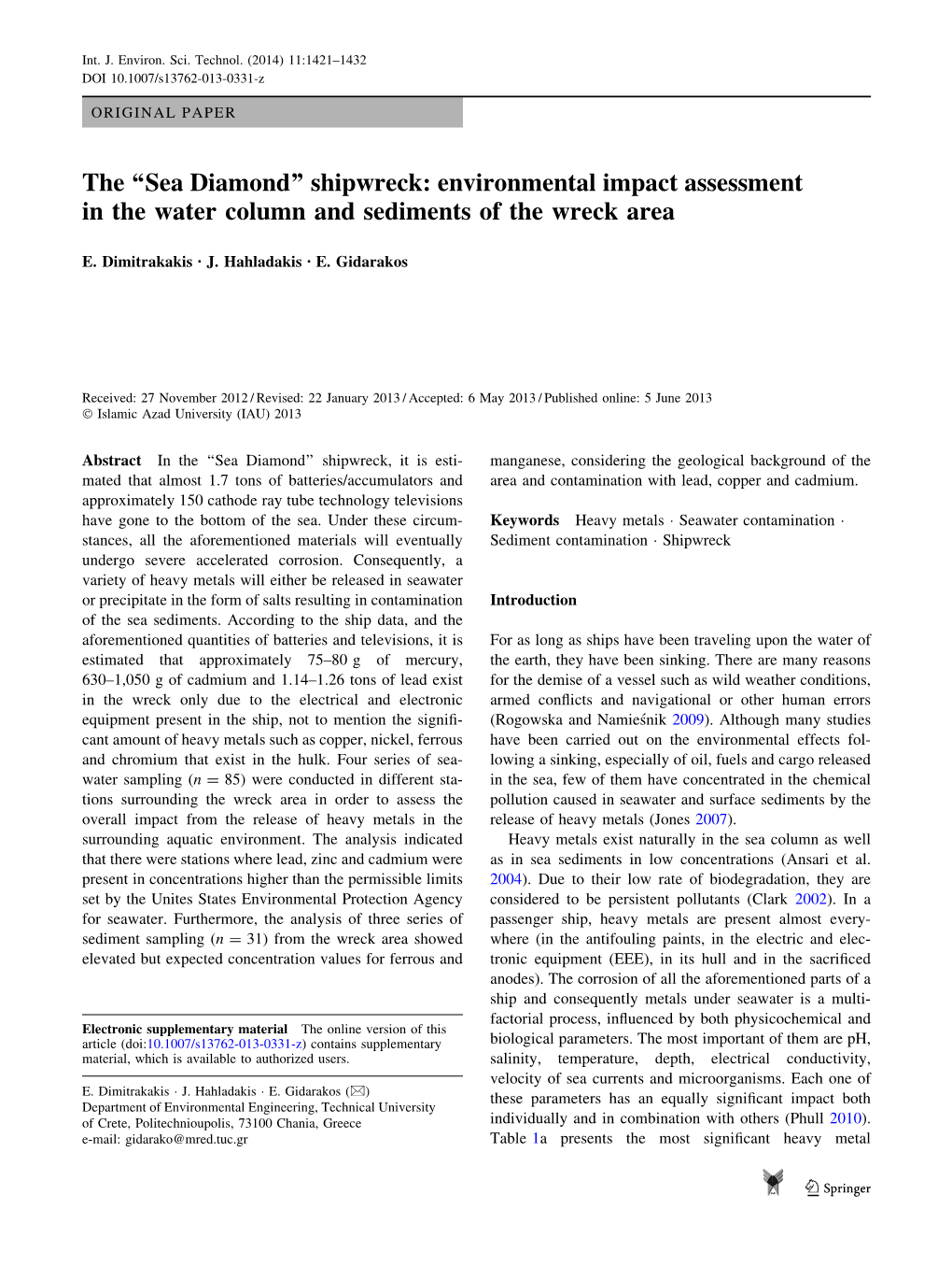 Sea Diamond’’ Shipwreck: Environmental Impact Assessment in the Water Column and Sediments of the Wreck Area