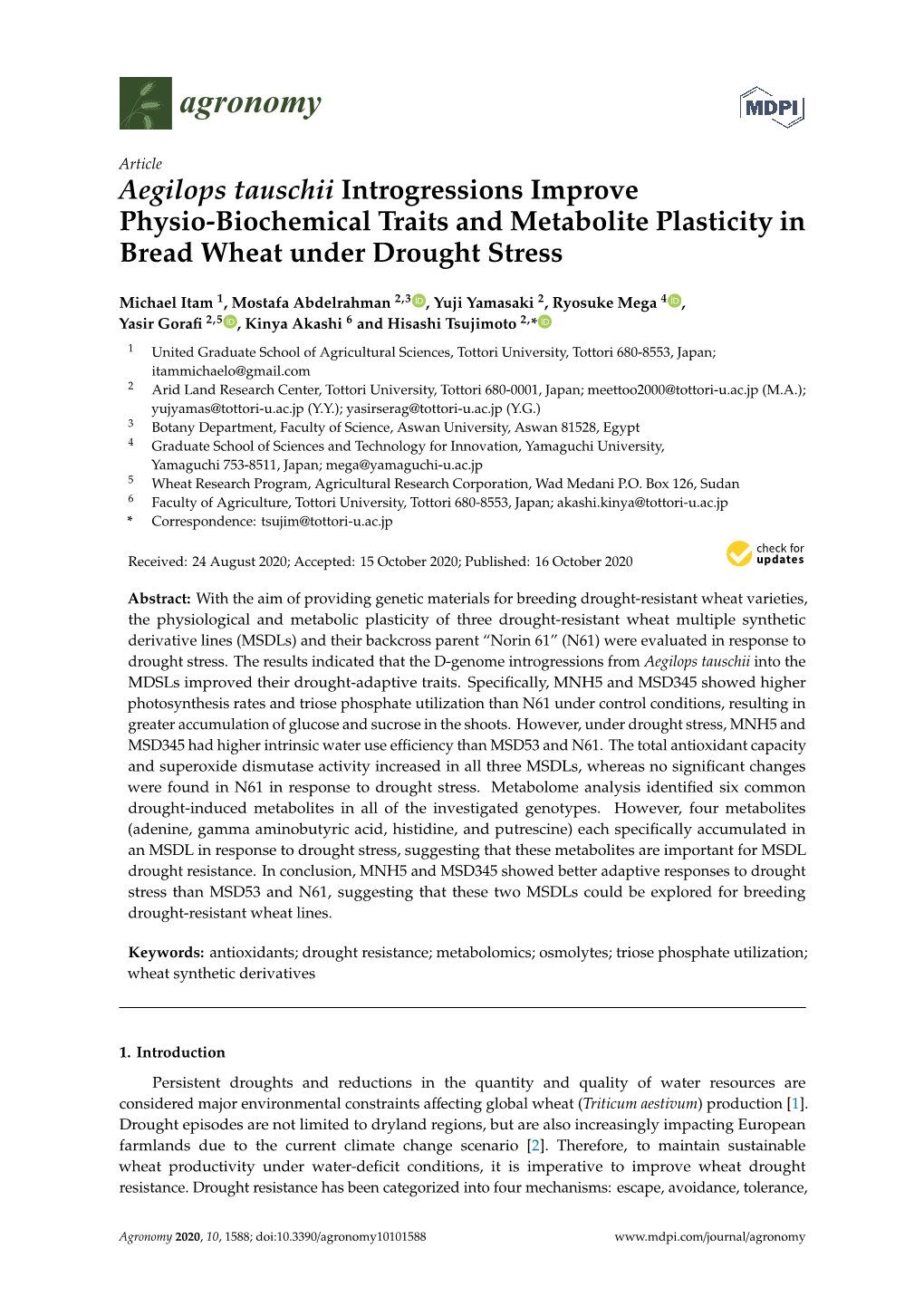 Aegilops Tauschii Introgressions Improve Physio-Biochemical Traits and Metabolite Plasticity in Bread Wheat Under Drought Stress