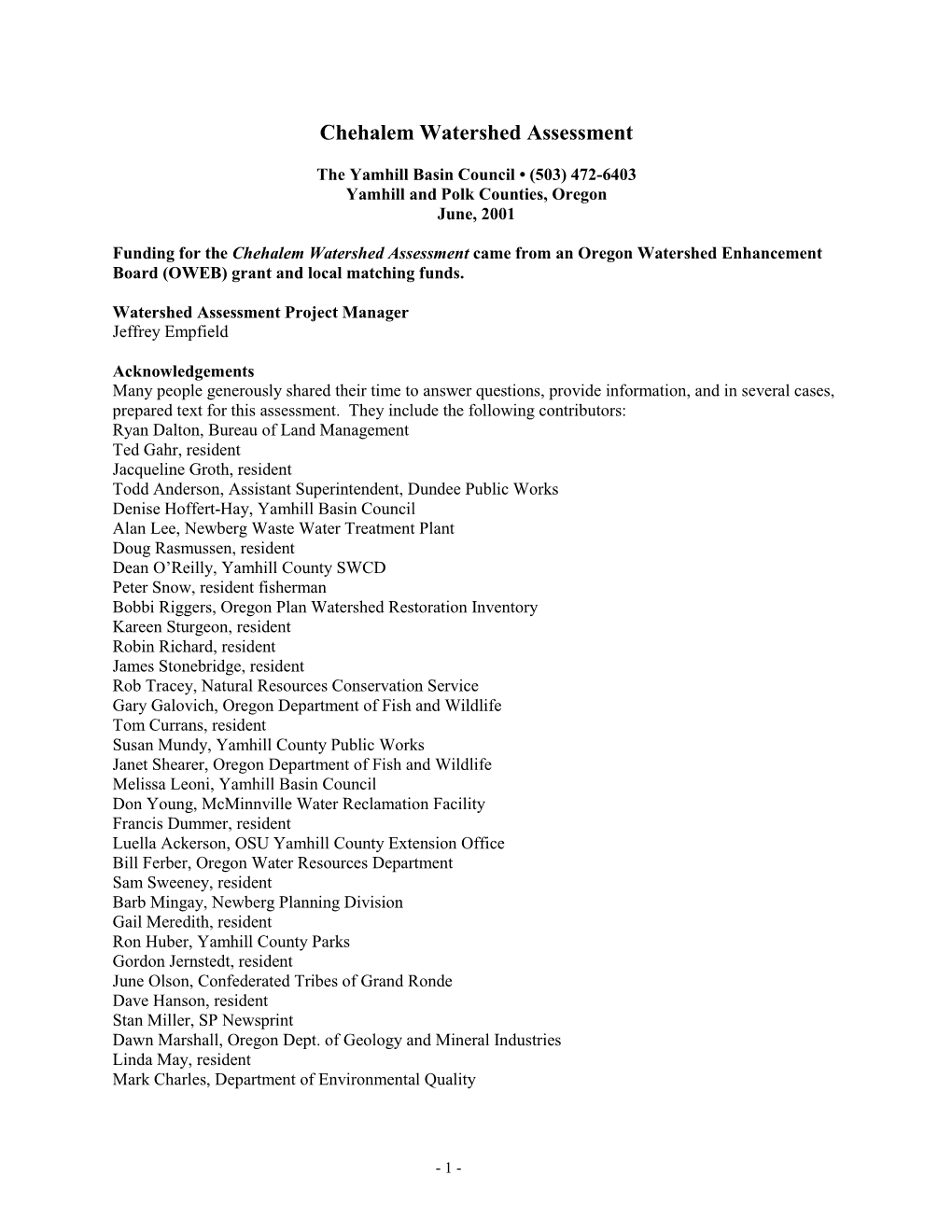 Chehalem Watershed Assessment