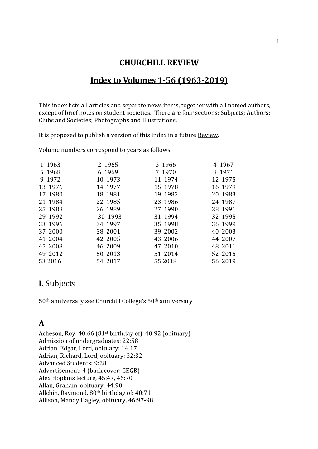 CHURCHILL REVIEW Index to Volumes 1-56 (1963-2019)