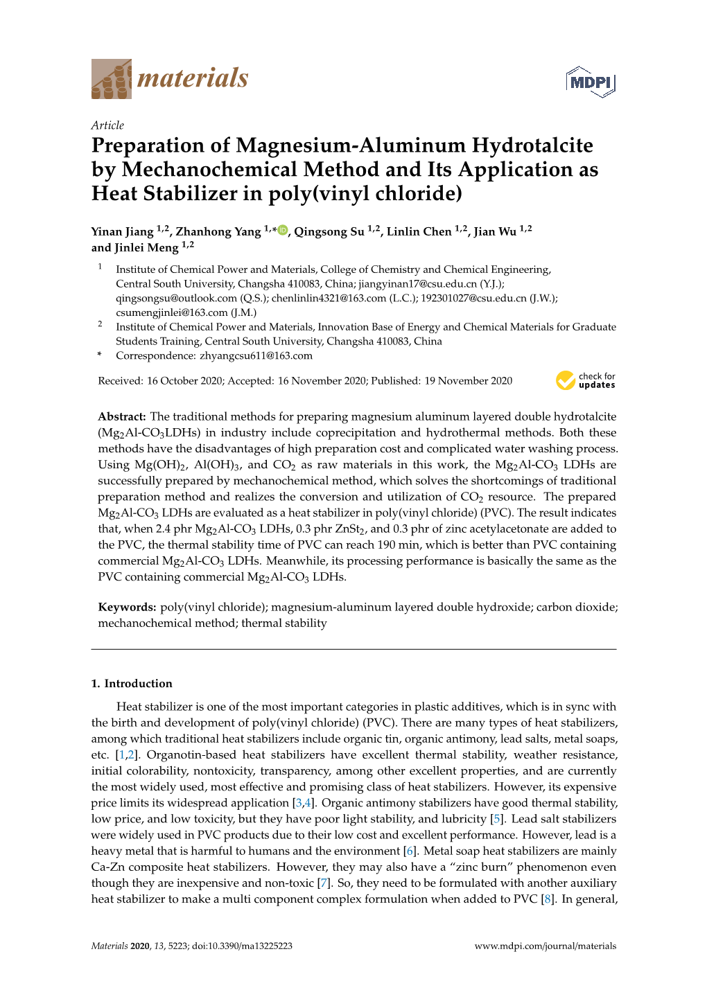 Preparation of Magnesium-Aluminum Hydrotalcite by Mechanochemical Method and Its Application As Heat Stabilizer in Poly(Vinyl Chloride)