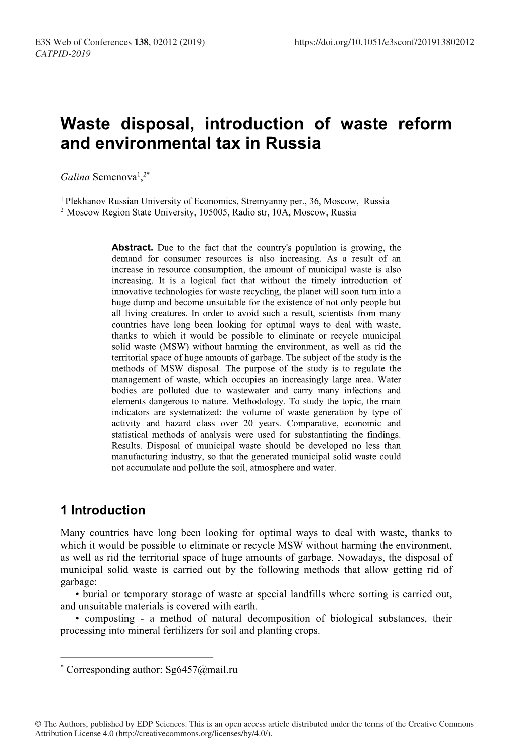 Waste Disposal, Introduction of Waste Reform and Environmental Tax in Russia