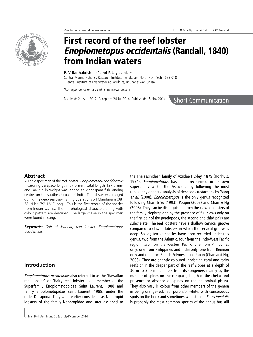 First Record of the Reef Lobster Enoplometopus Occidentalis (Randall, 1840) from Indian Waters