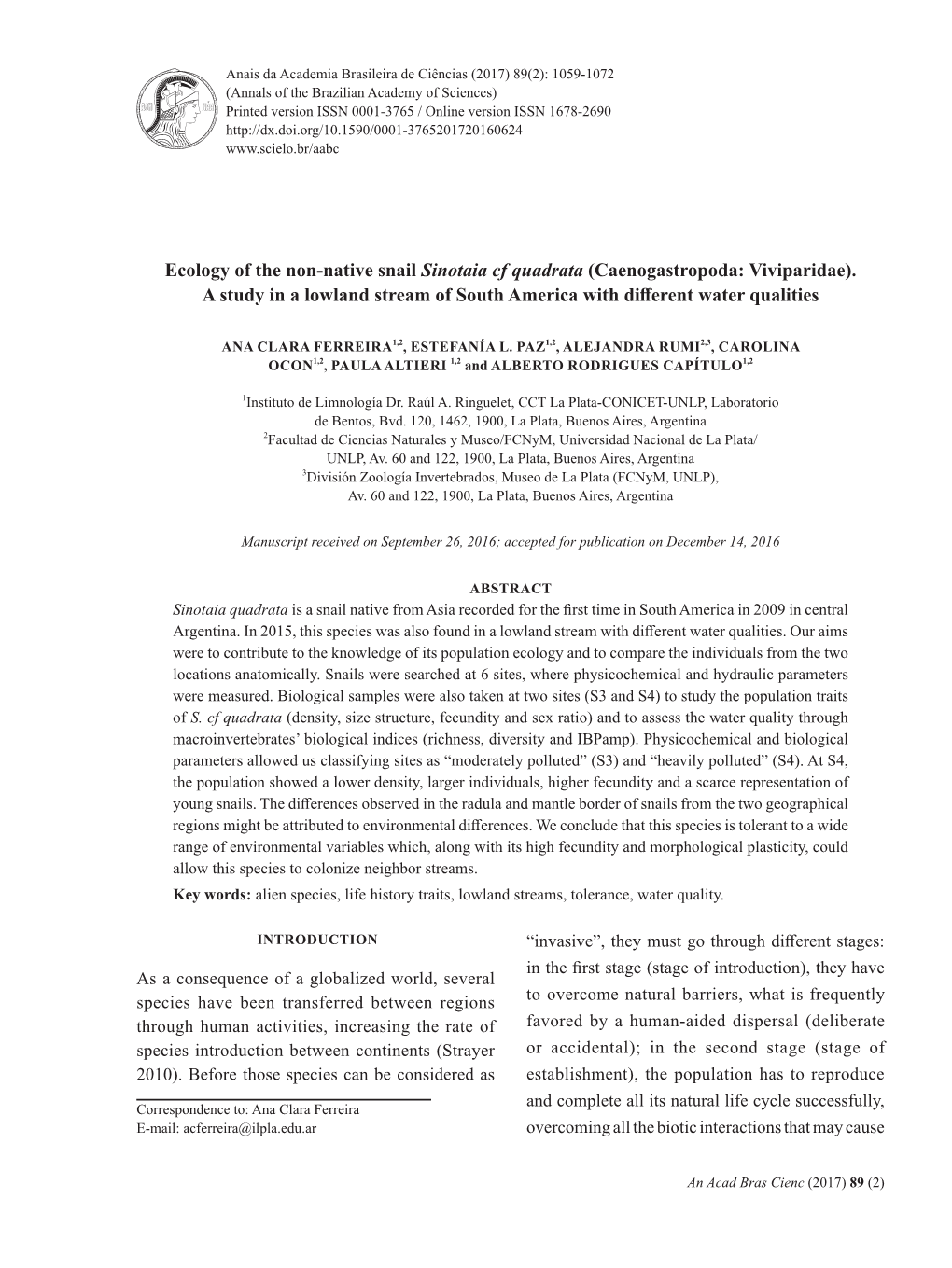 Ecology of the Non-Native Snail Sinotaia Cf Quadrata (Caenogastropoda: Viviparidae). a Study in a Lowland Stream of South America with Different Water Qualities