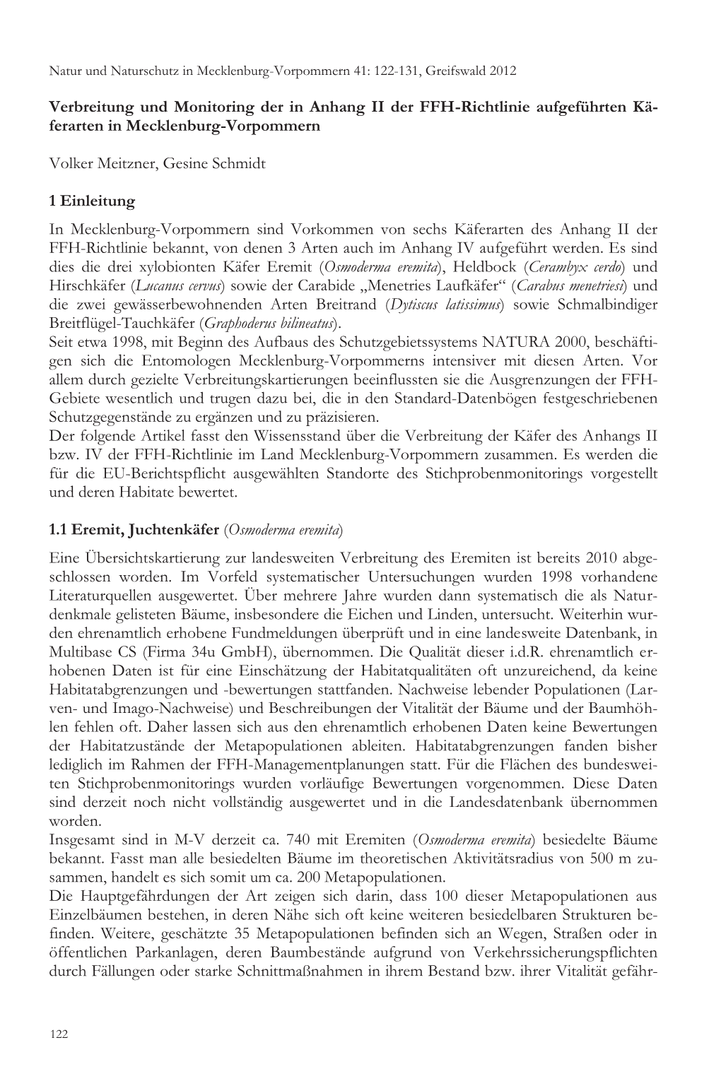 Verbreitung Und Monitoring Der in Anhang II Der FFH-Richtlinie Aufgeführten Kä- Ferarten in Mecklenburg-Vorpommern