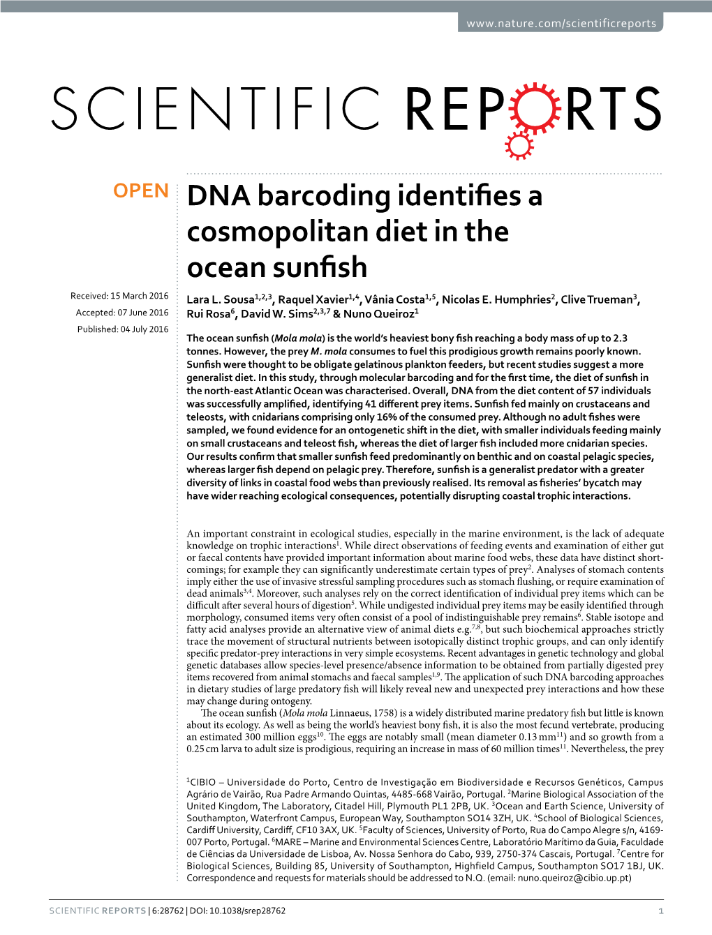 DNA Barcoding Identifies a Cosmopolitan Diet in the Ocean Sunfish Received: 15 March 2016 Lara L