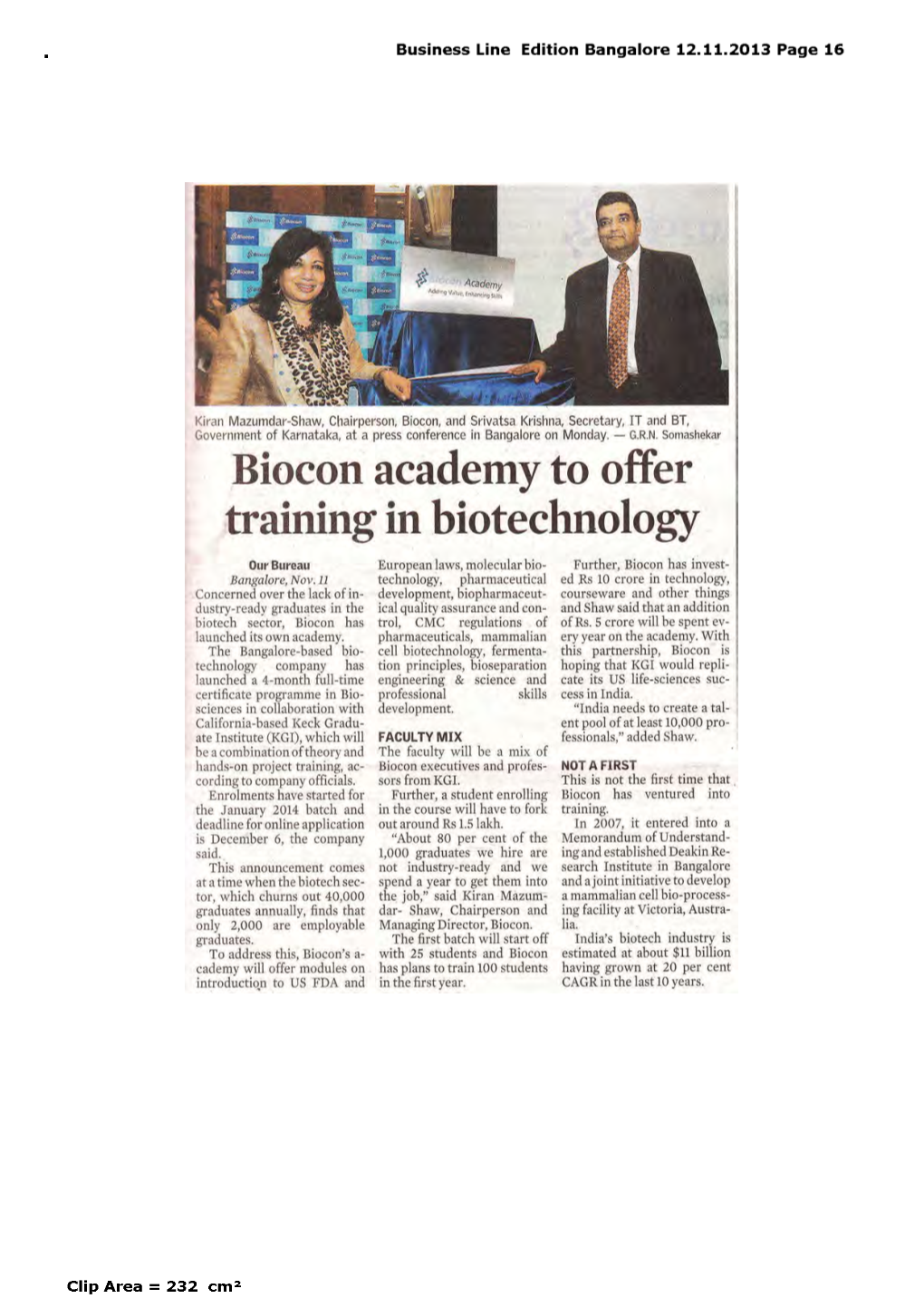 Biocon Academy to Offer Training in Biotechnology