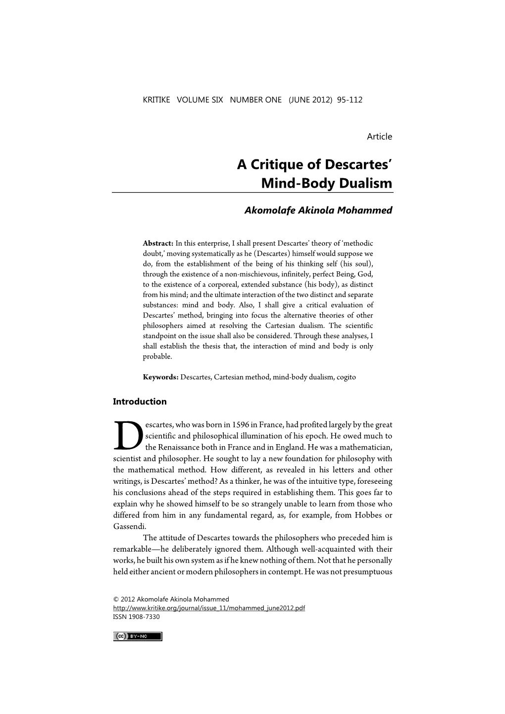 A Critique of Descartes' Mind-Body Dualism
