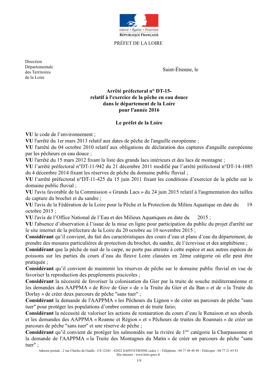 42 Loire Arrêté Pêche 2016