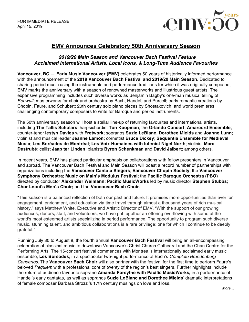 EMV Announces Celebratory 50Th Anniversary Season