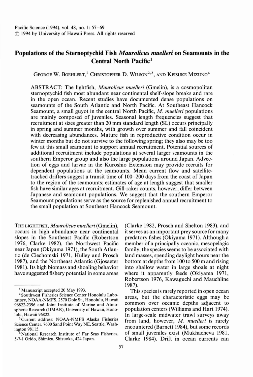 Populations of the Sternoptychid Fish Maurolicus Muelleri on Seamounts in the Central North Pacific!