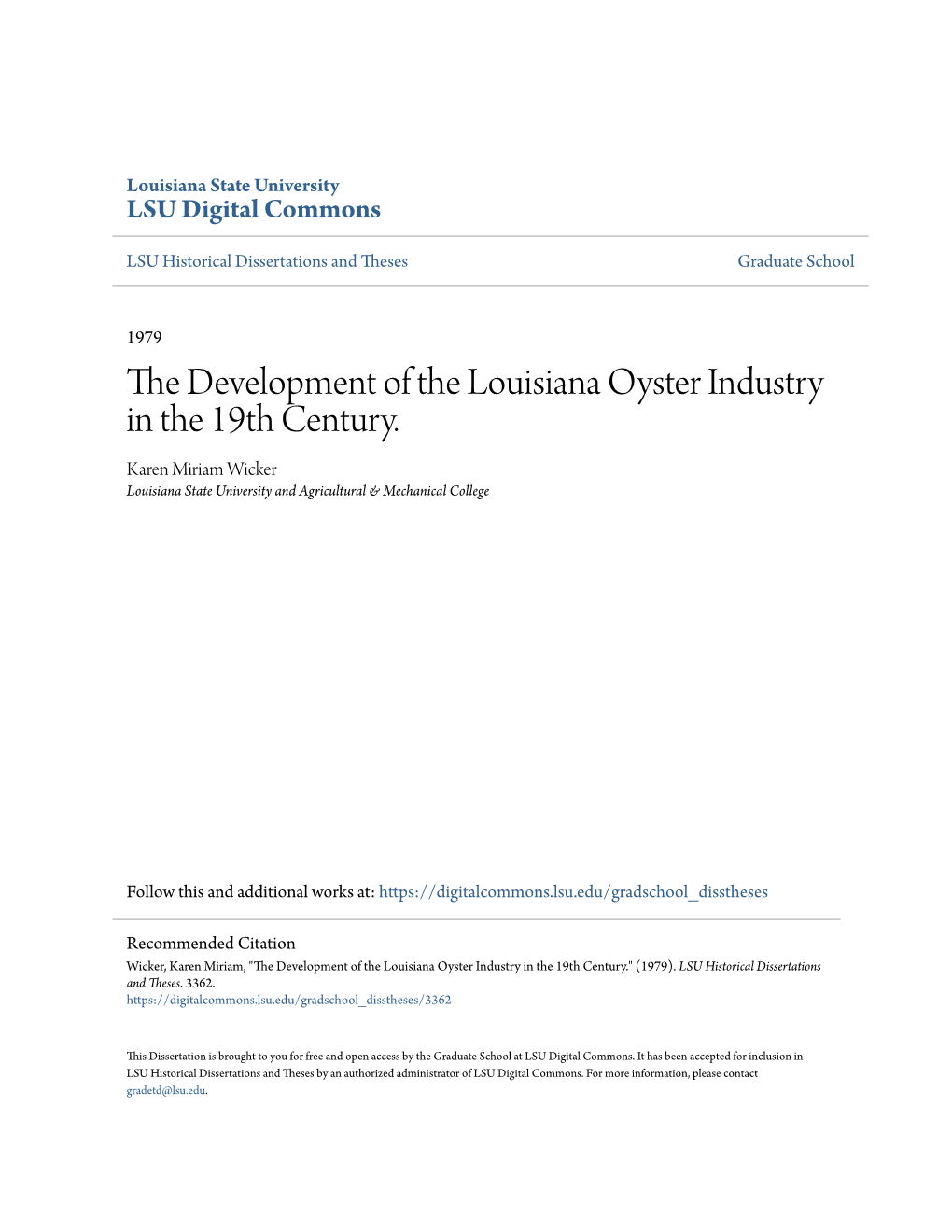 The Development of the Louisiana Oyster Industry in the 19Th Century