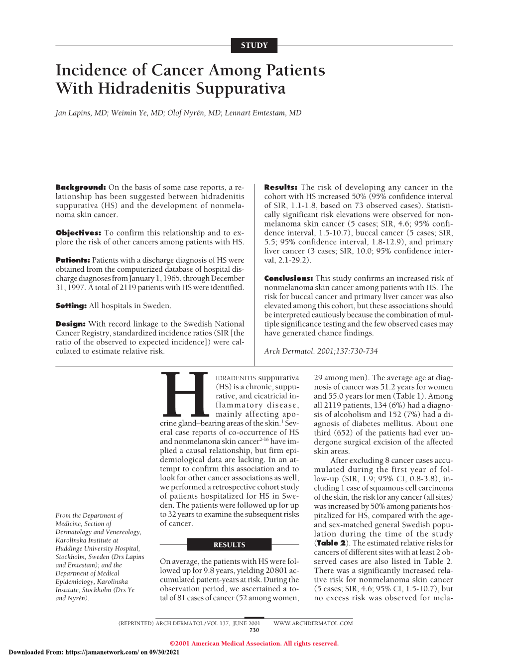 Incidence of Cancer Among Patients with Hidradenitis Suppurativa