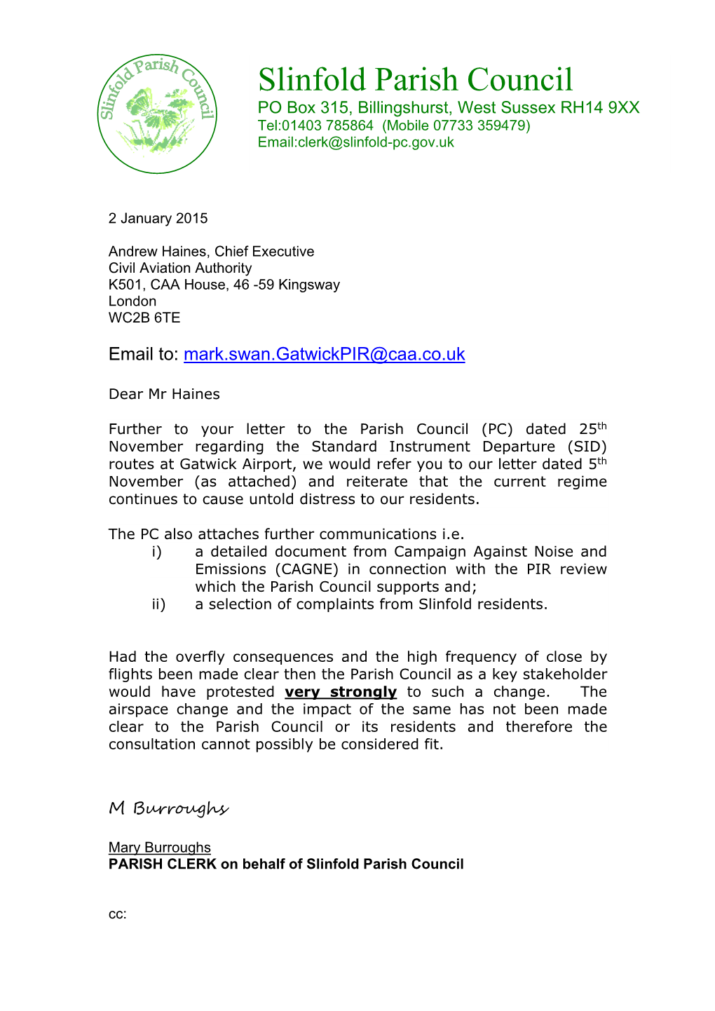 Letter Sent to Chief Executive of the CAA
