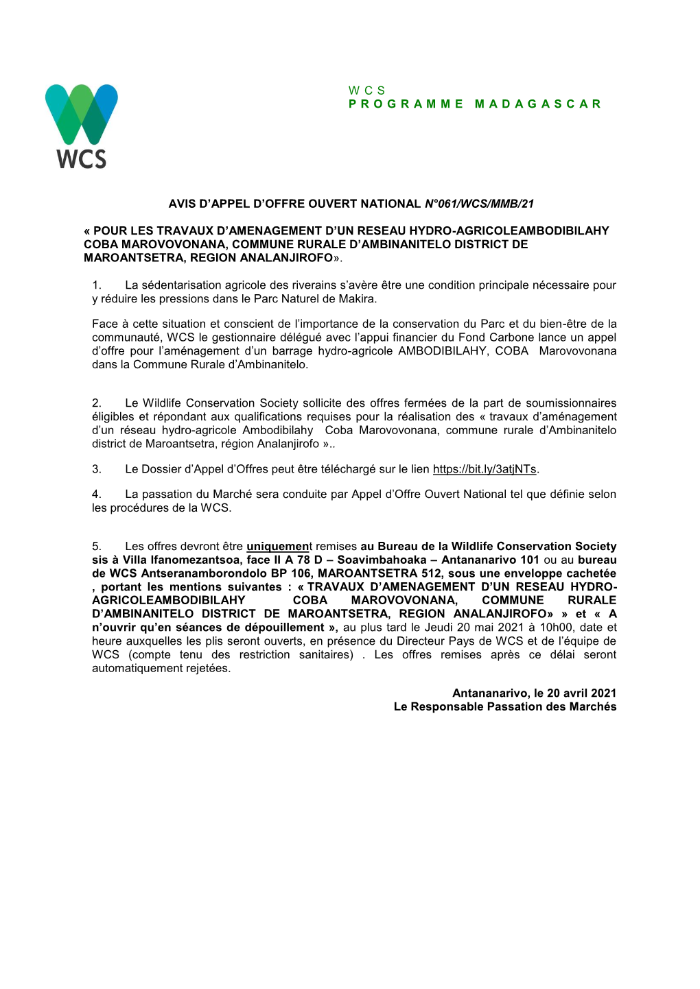 Wcs Programme Madagascar Avis D'appel D'offre Ouvert