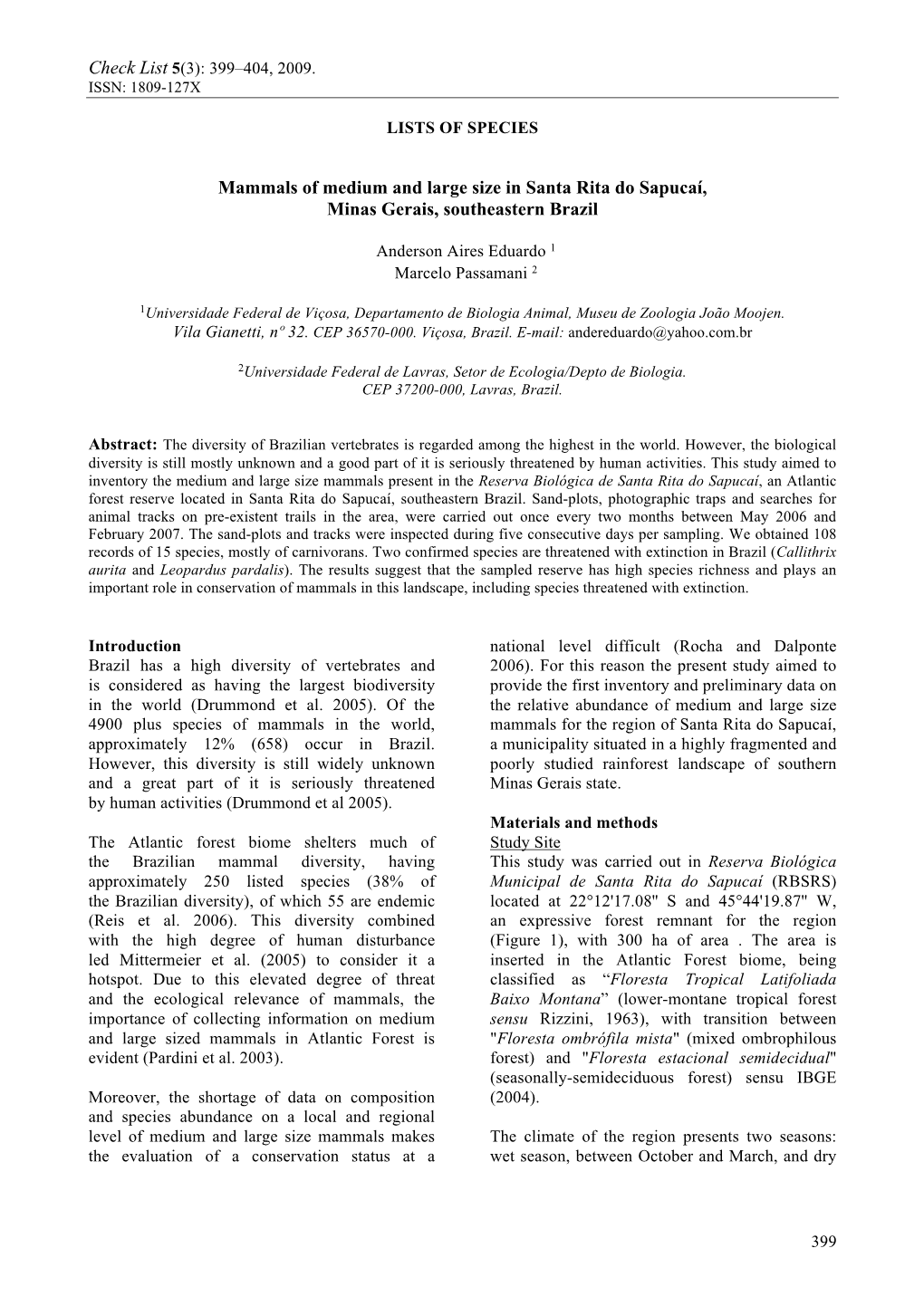 Mammals of Medium and Large Size in Santa Rita Do Sapucaí, Minas Gerais, Southeastern Brazil