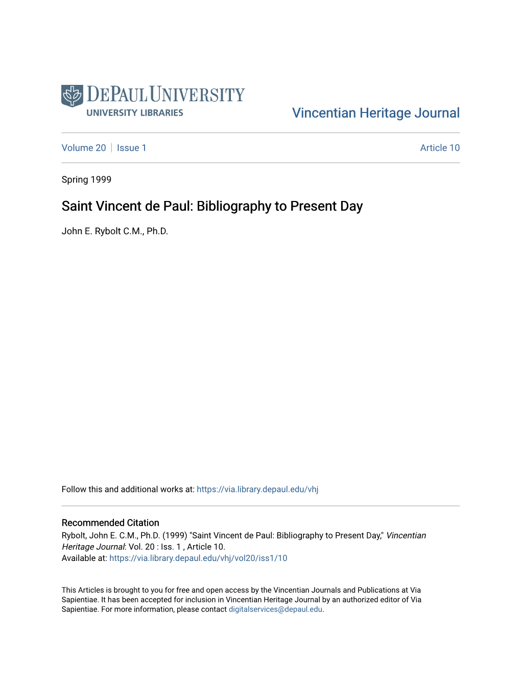 Saint Vincent De Paul: Bibliography to Present Day