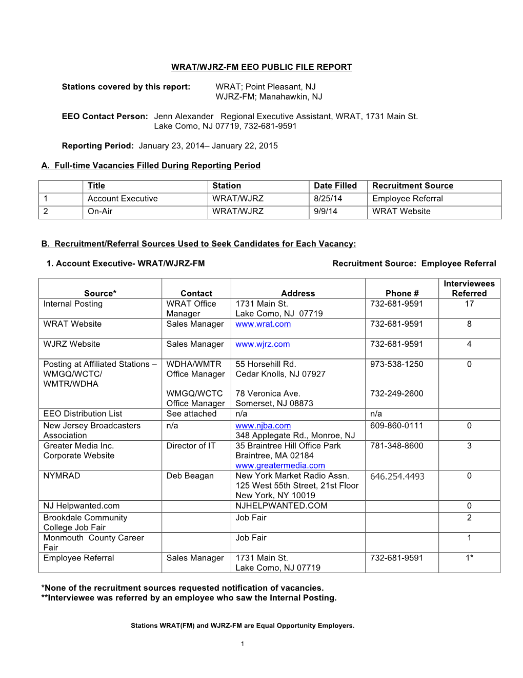 WRAT/WJRZ-FM EEO PUBLIC FILE REPORT Stations Covered by This