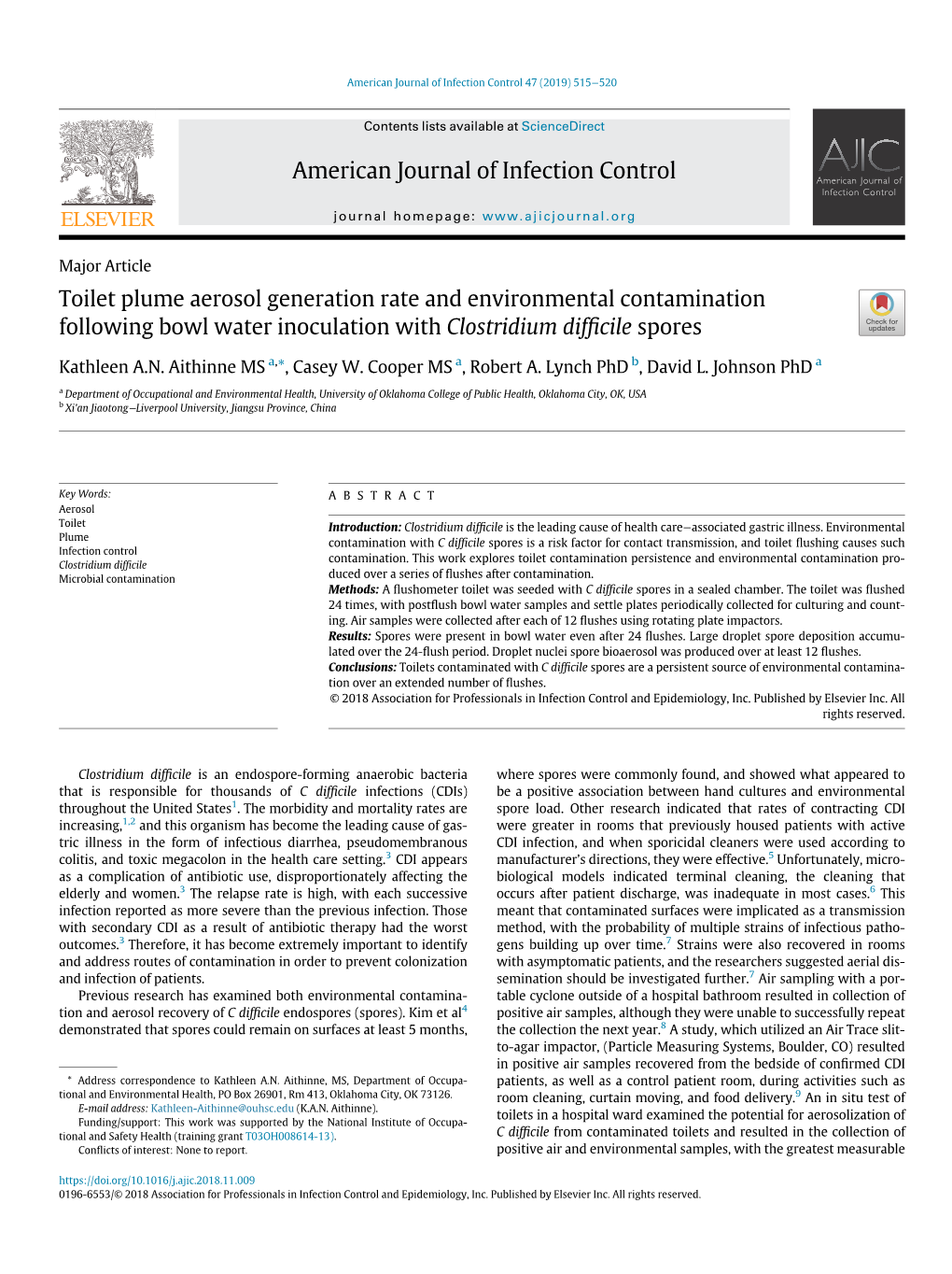 Toilet Plume Aerosol Generation Rate and Environmental Contamination Following Bowl Water Inoculation with Clostridium Difﬁcile Spores