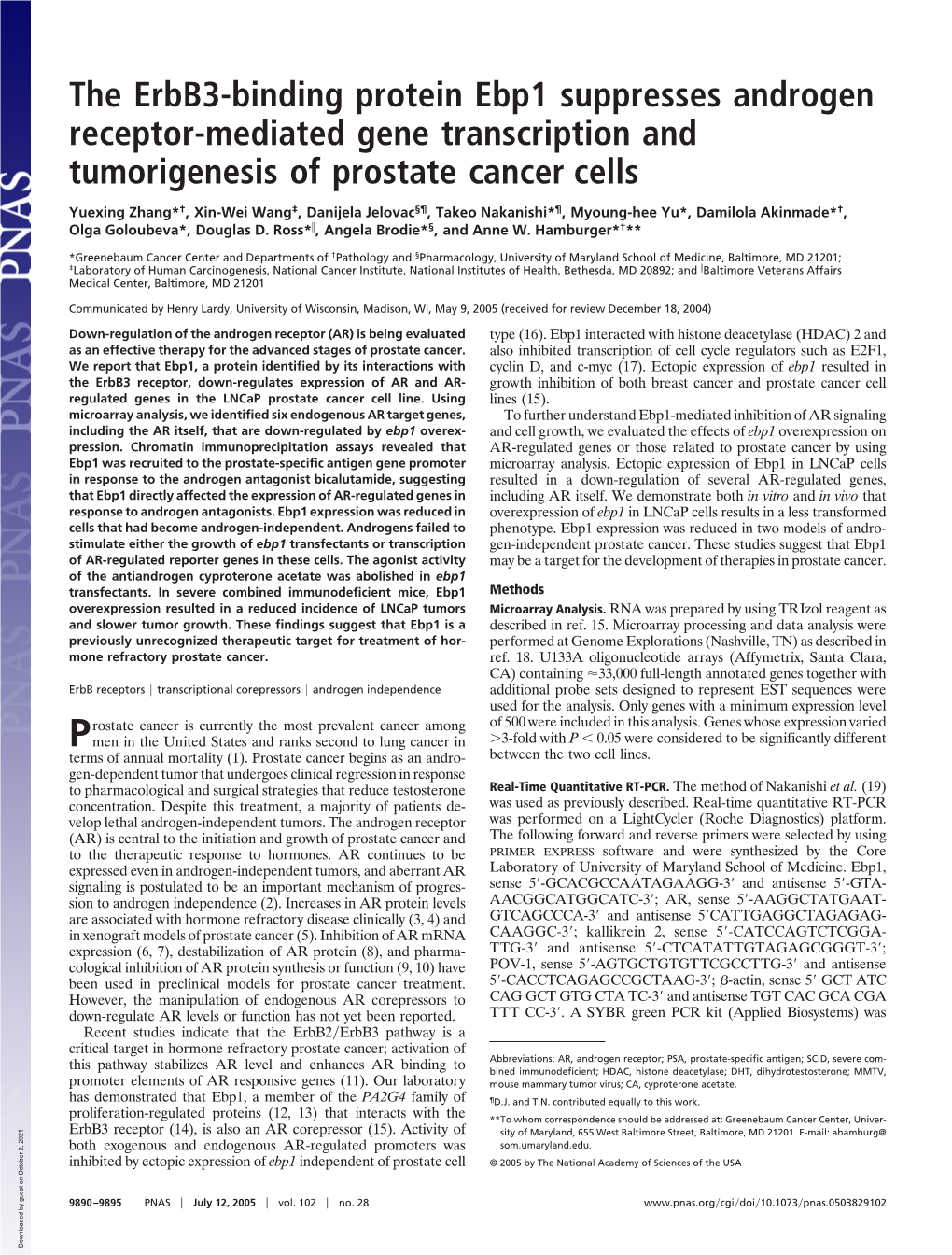 The Erbb3-Binding Protein Ebp1 Suppresses Androgen Receptor-Mediated Gene Transcription and Tumorigenesis of Prostate Cancer Cells