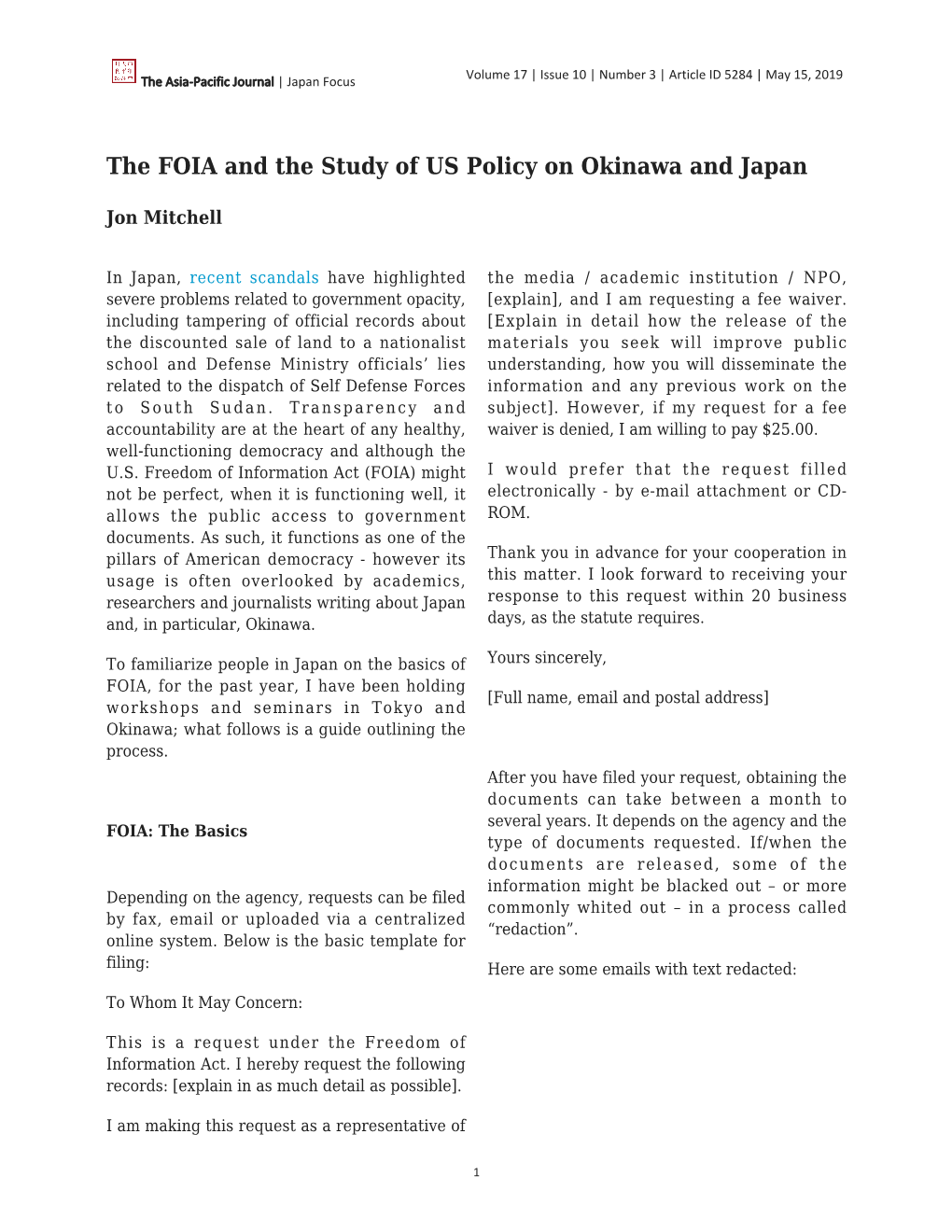 The FOIA and the Study of US Policy on Okinawa and Japan