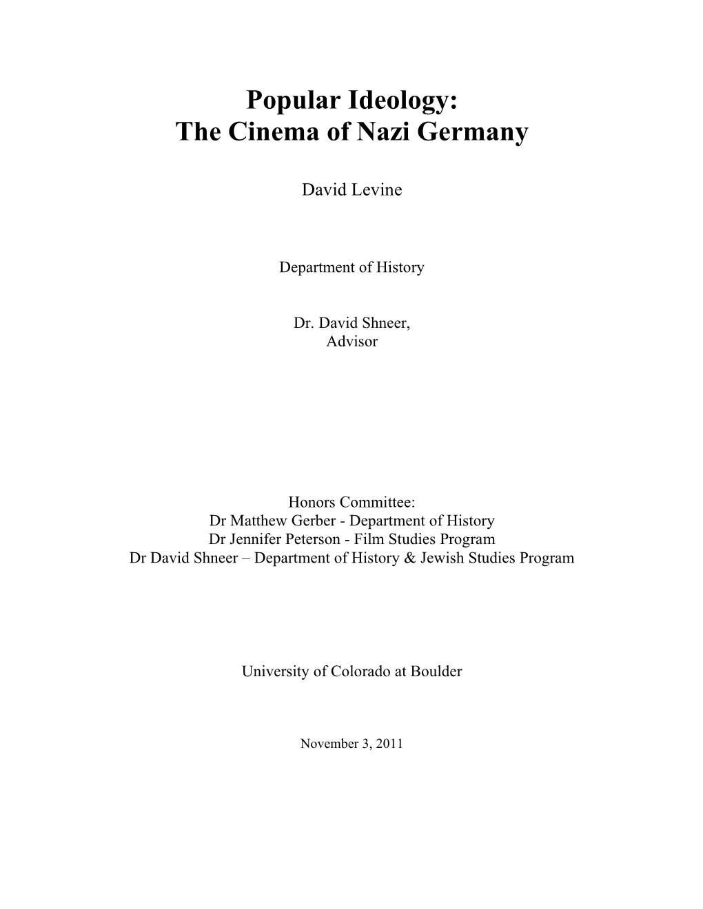 Popular Ideology: the Cinema of Nazi Germany