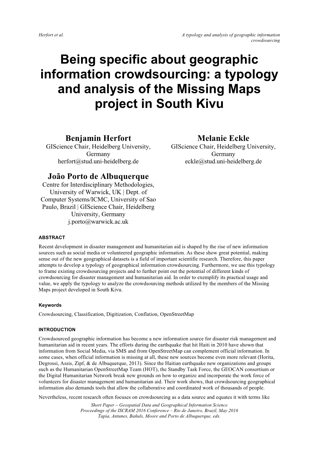 Being Specific About Geographic Information Crowdsourcing: a Typology and Analysis of the Missing Maps Project in South Kivu