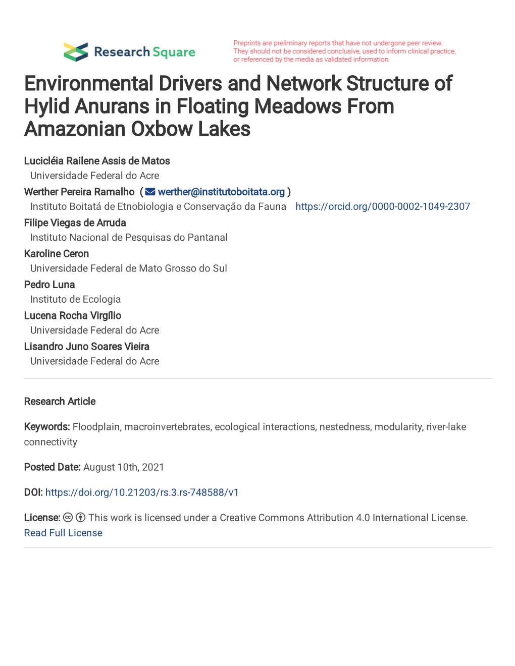 Environmental Drivers and Network Structure of Hylid Anurans in Floating Meadows from Amazonian Oxbow Lakes
