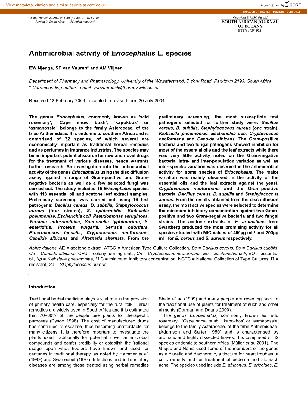 Antimicrobial Activity of Eriocephalus L. Species