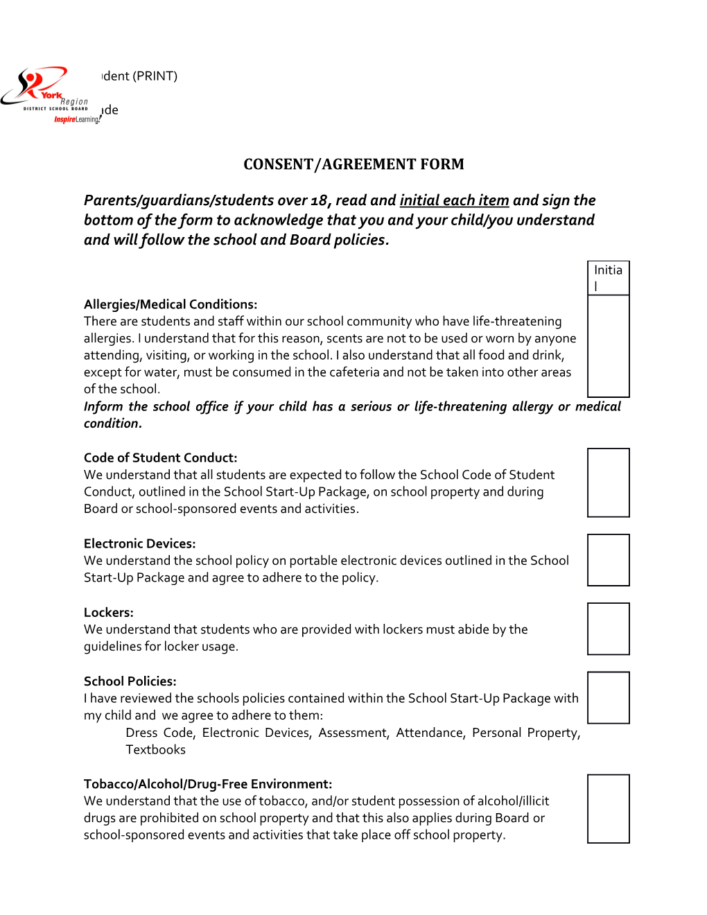 Consent Agreement Form-Secondary